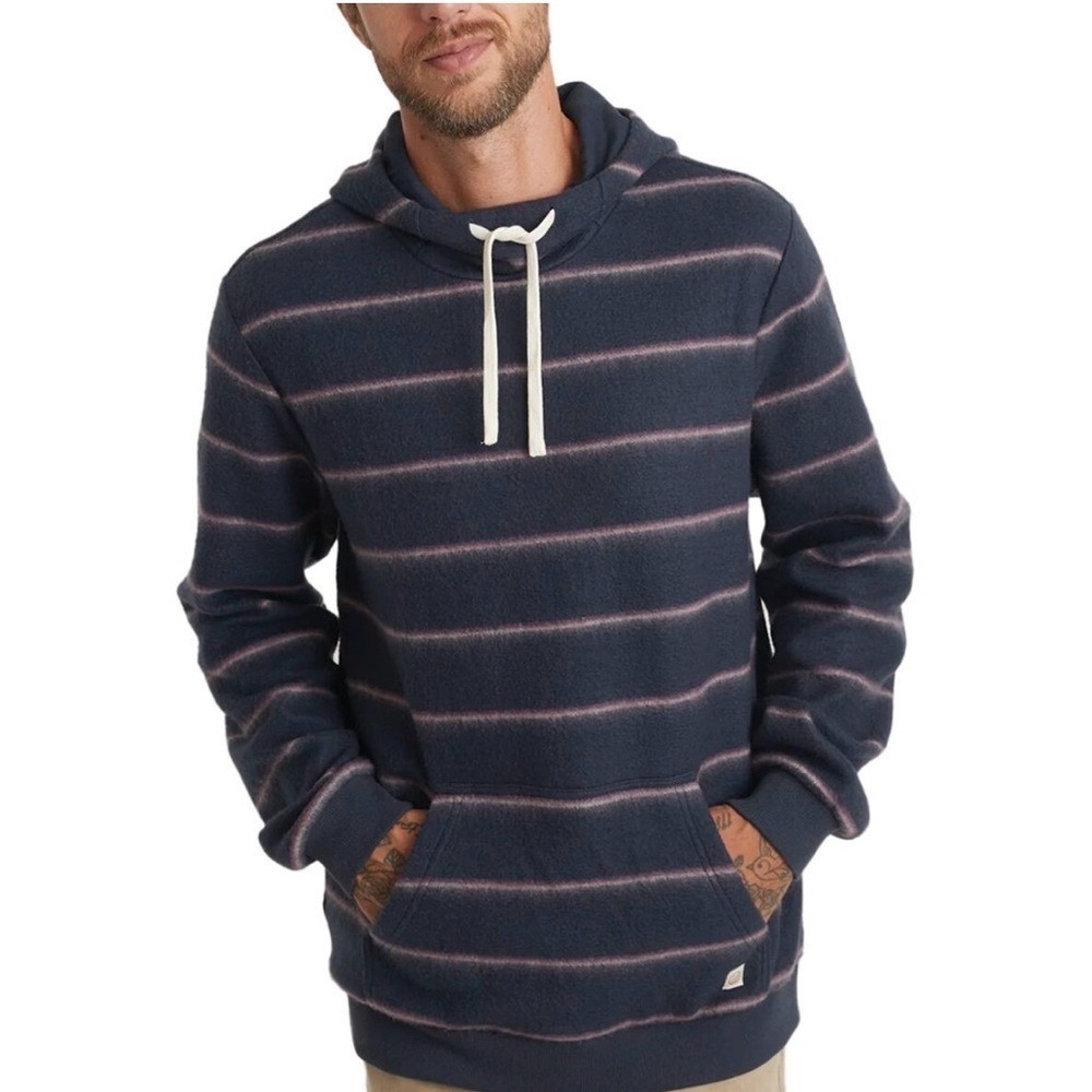 Marine Layer Mens Fleece Hoodie Navy Striped Pullover Coastal Sweatshirt S